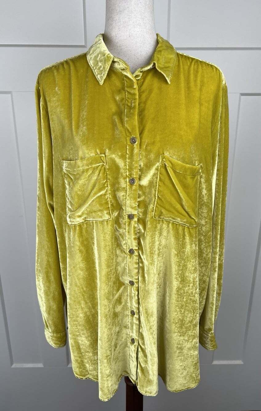 NWT Anthropologie Pilcro Velvet Button Front Shirt Chartreuse Green Plus 18W